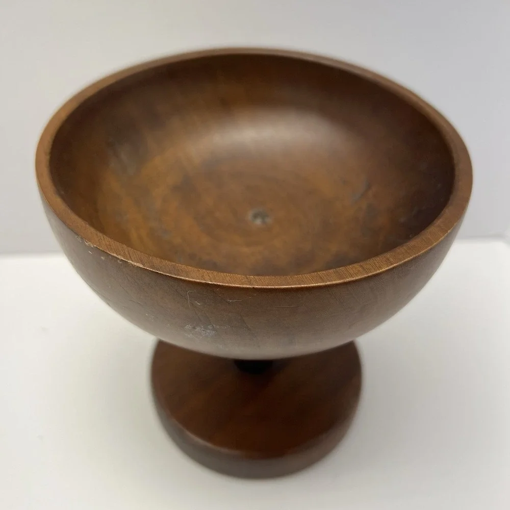 Vtg Handmade Turned Wood Pedestal Bowl Centerpiece Decor Felt Bottom 5.25x5